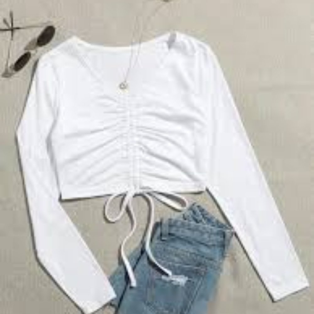 Shein Drawstring Front Ruched Crop Tee - Picture 1 of 1